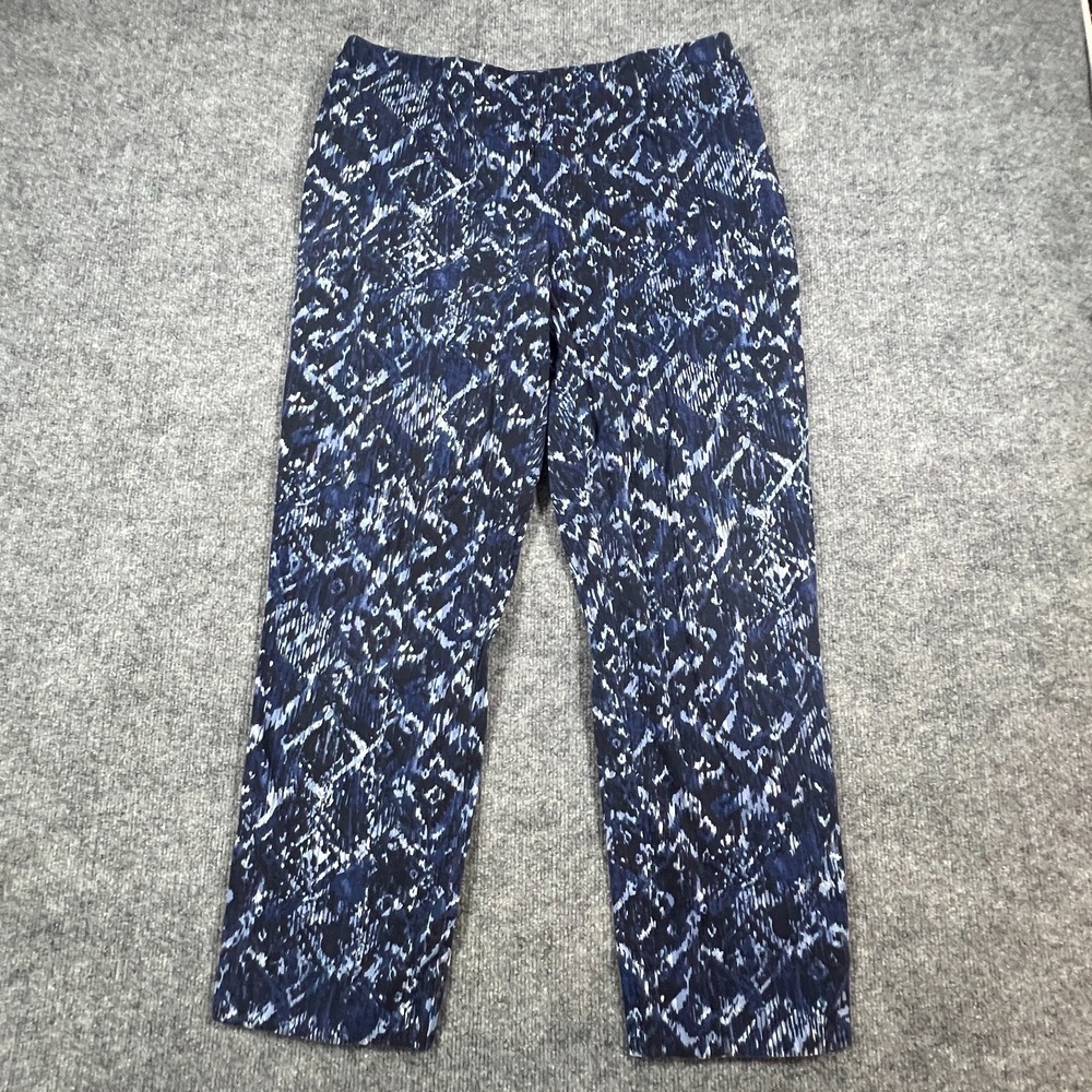 Chico's Ankle Pants Womens 10 Blue Ikat Printed Cotton Stretch Side Zip Pull On